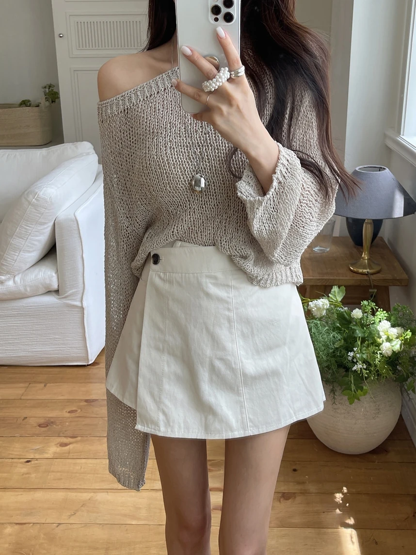 

Korean Style Summer Knit Shirt Gentle Retro Hollow Out Layered Top Lightly Transparent Sunscreen Blouse for Women Versatile