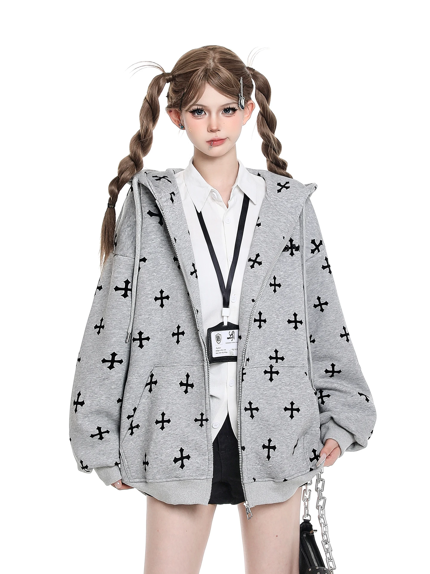 

Женская толстовка-кардиган в стиле ленивого шик с принтом, свободного кроя, повседневная, с длинными рукавами и молнией, в уличном стиле