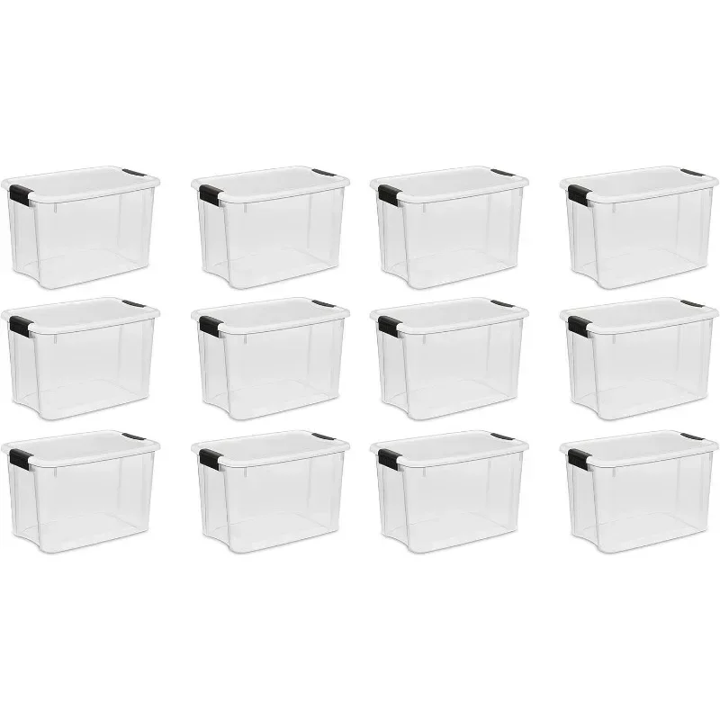 

Sterilite 30 Qt Ultra Latch Box Stackable Storage Bin with Latching Lid, Organize Crafts,Clear with White Lid, 12-Pack