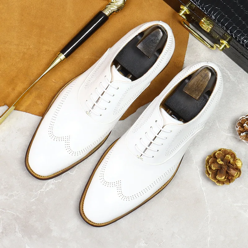 

White Concise Wear-Resistant Genuine Leather Brogue Shoes for Men Lace-Up Casual Shoes Shallow Oxfords Trend Men's Wedding Shoes