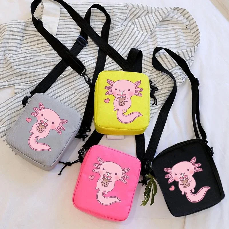 Bolso de hombro con cremallera y estampado Axolotl, bolsa de mensajero cruzada, estilo Kawaii, informal, a la moda, para exteriores