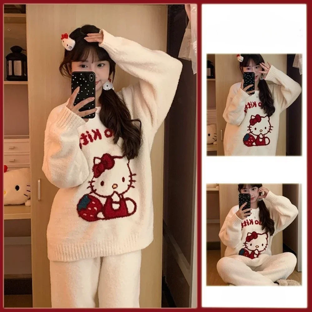 HelloKitty Pajamas Miniso Cartoon Embroidery Plush Round Neck Keep Warm Long Sleeved Suit Winter Versatile Knitted Home Clothing