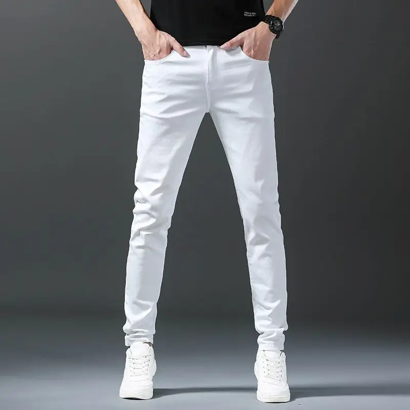 Mens Straight Elastic Waist Jeans 2025 Autumn Winter Fashion Brand Comfortable Versatile Pants Slim Fit White Jeans High Street