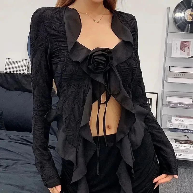 2025 Blusas De Mujer Langarm Bandage Bluse Frauen Kleidung Rüschen Tunika 3D Floral Crop Tops Mode Unregelmäßigen Sommer Shirts