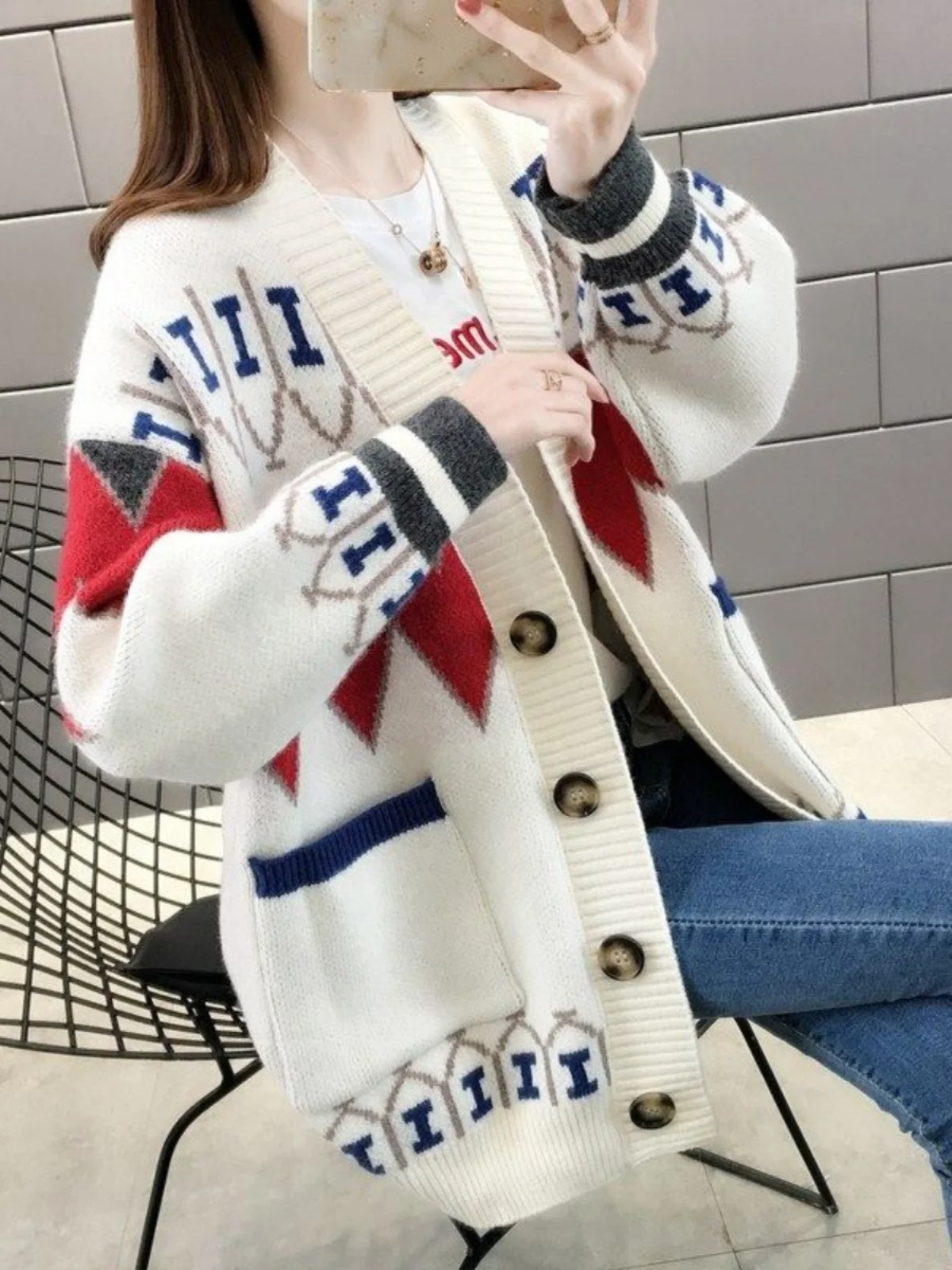 Retro Ethnic Style Deer Knitted Sweater Jacket Women's Spring Loose Outerwear Lazy Style Long Sleeve V-Neck Button up Cardigan
