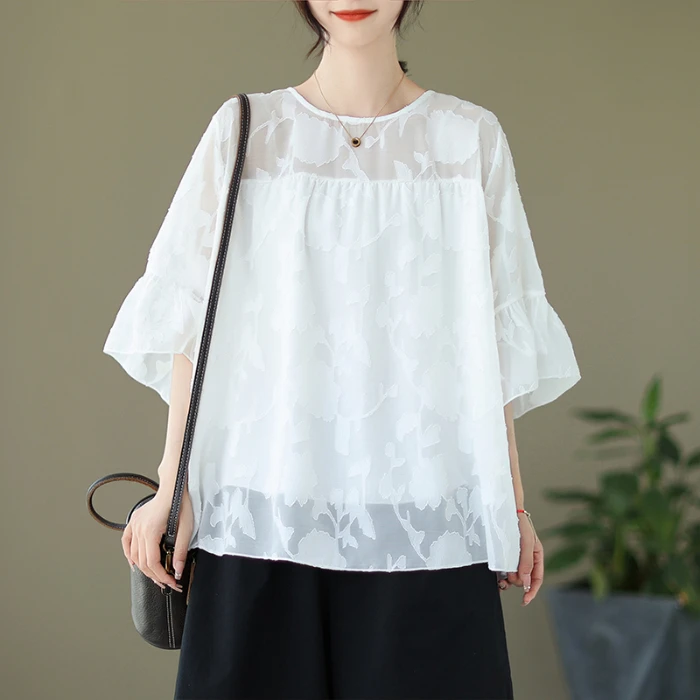 Mode Minimalistische Koreaanse Versie Effen Kleur Ronde Hals Kant Doorschijnende Zomer Nieuwe Stijl Veelzijdige Korte Mouwen Losse Chiffon Tops