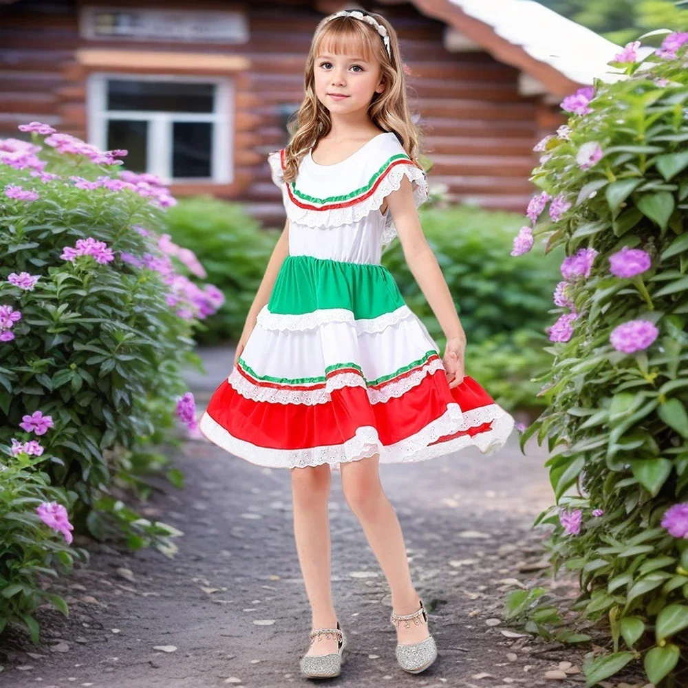

Girls Dress Mexican Style Lace Dress Kids Ethnic Festival Skirt Carnival Performance Costume