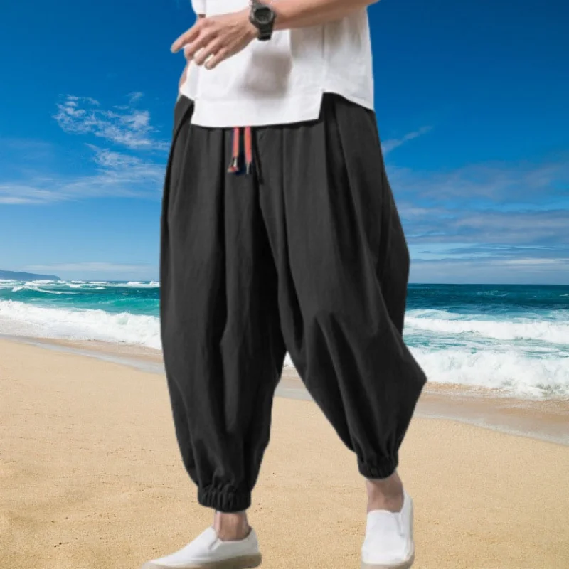 

Весенне-летние мужские мешковатые брюки из хлопка и льна, эластичные широкие брюки на шнурке, повседневные удобные дышащие мужские спортивные штаны