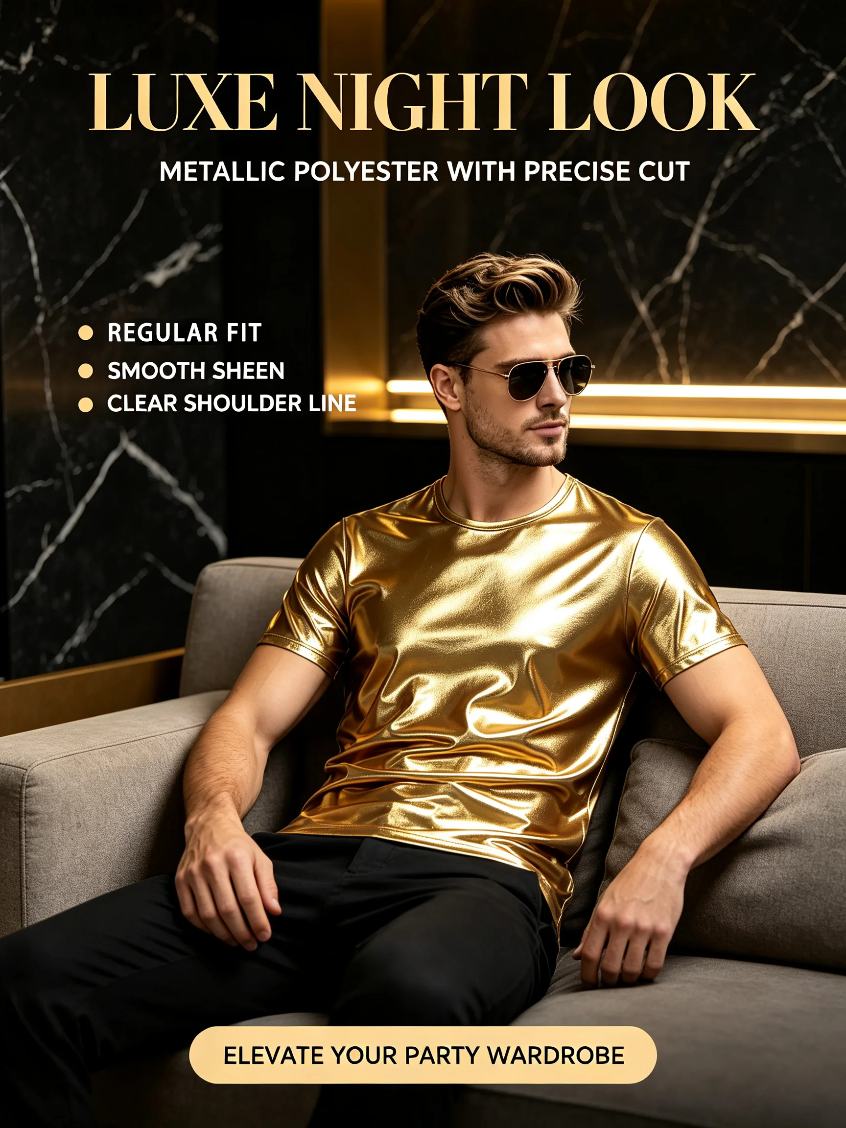 Herren Gold Glänzendes Kurzarm-T-Shirt, Party, Sport, Modisches Freizeit-Oberteil – Detail 1