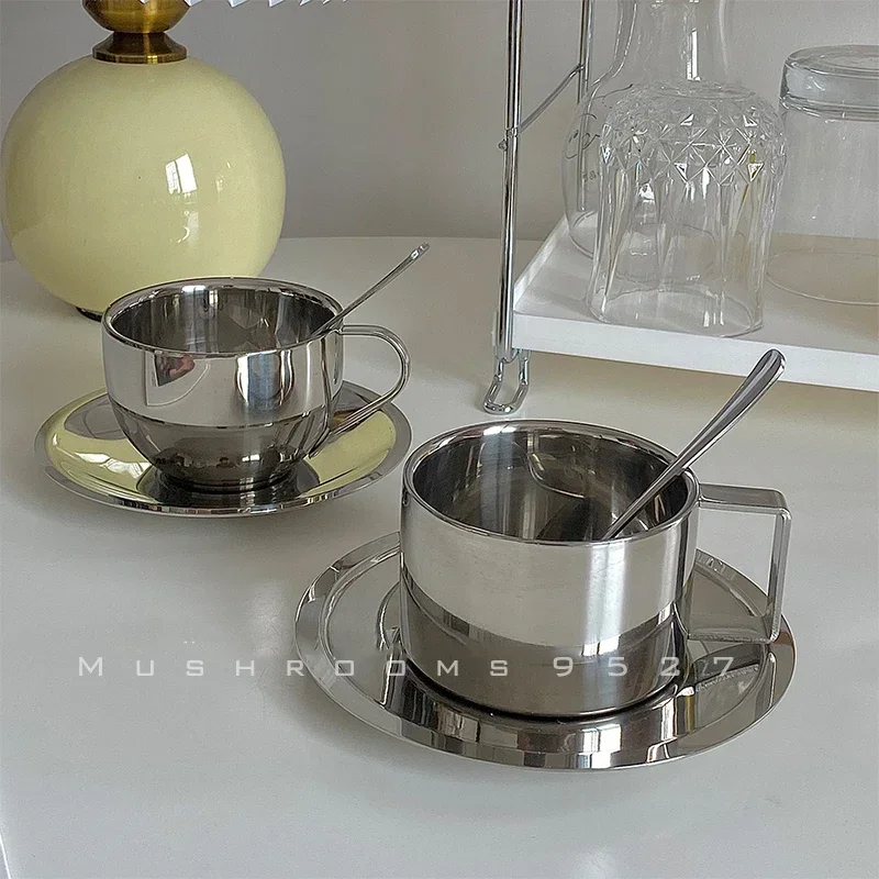 British Style 304 Stainless Steel Coffee Cup Dish Spoon Industrial Style European Three Piece Latte Cup Concentrated Milk