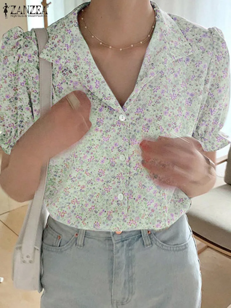 ZANZEA Koean Style Shirt Fashion Short Puff Sleeve Tops Bohemian Floral Printed Blouse 2024 Summer Holiday Lapel Neck Tunics