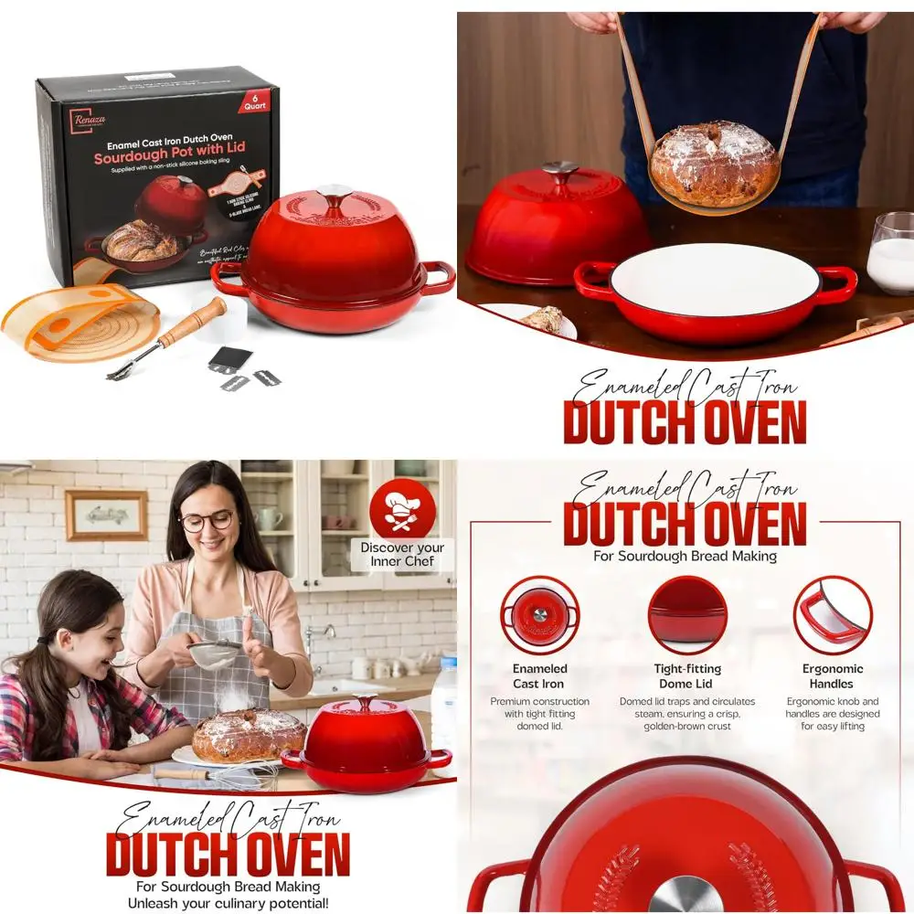 

10-дюймовая эмалированная чугунная голландская духовка для выпечки хлеба на закваске, запеканки и многое другое — в комплект входят 5 лезвий хлеба