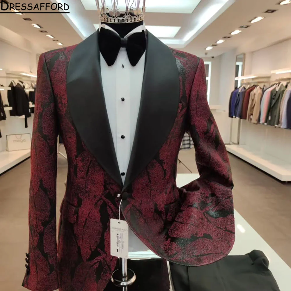 Latest Designs Burgundy/Black Jacquard Men Suit Slim Fit 2 Pieces Shawl Lapel Wedding Tuxedo Prom Male Clothing Costume Homme