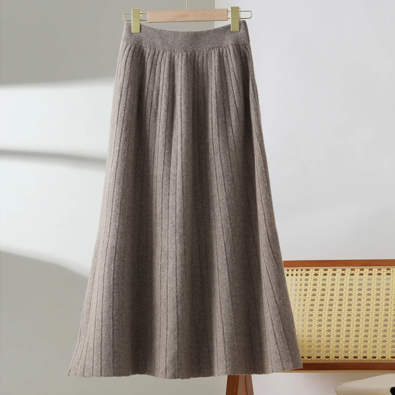 

MEELEX New Classy Autumn Winter Wool Long Skirt Women 100% Merino Wool Skirt Knitted Comfy Soft Mid-length Female Pleated Skirt
