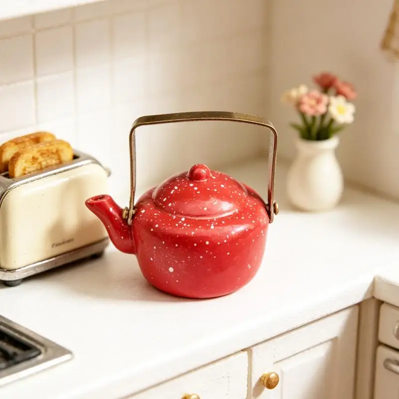 1Pcs 1:12 Scale Miniature Enamel Kettle Retro Design for Dollhouse Kitchen Decor