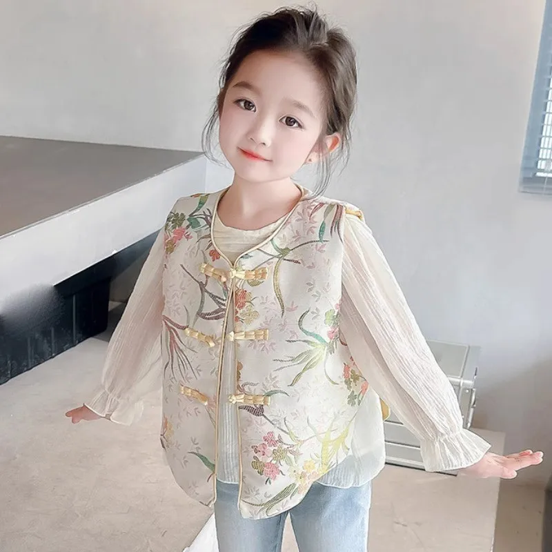 

Модный комплект для девочек: жилет и рубашка в китайском стиле на весну/осень, новинка 2026 года, с пуговицами-пайетками, 2 предмета, LJ296