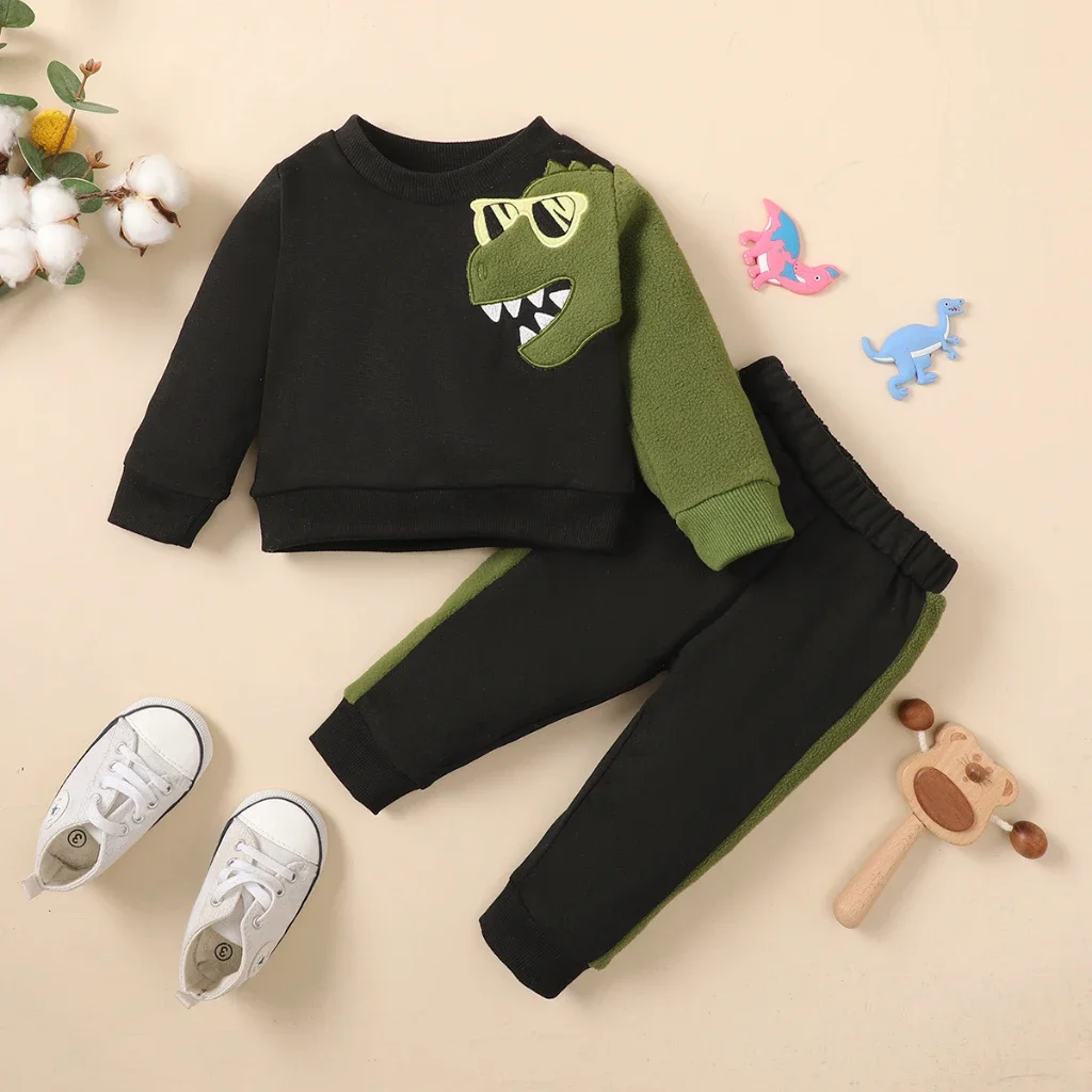 3-24 Months Baby Boys 2PCS Clothes Set Dinosaur Pattern Long Sleeves Print Black Top+Pants Toddles Autumn&Winter Handsome Outfit