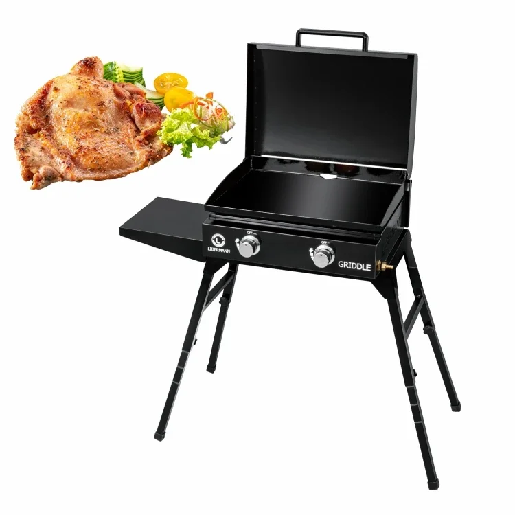 Portable 2-Burner Camping Kitchen by Manufacturer Stainless Steel Tabletop Plancha Flat Top Gas Barbecue Grill for Hotel Use