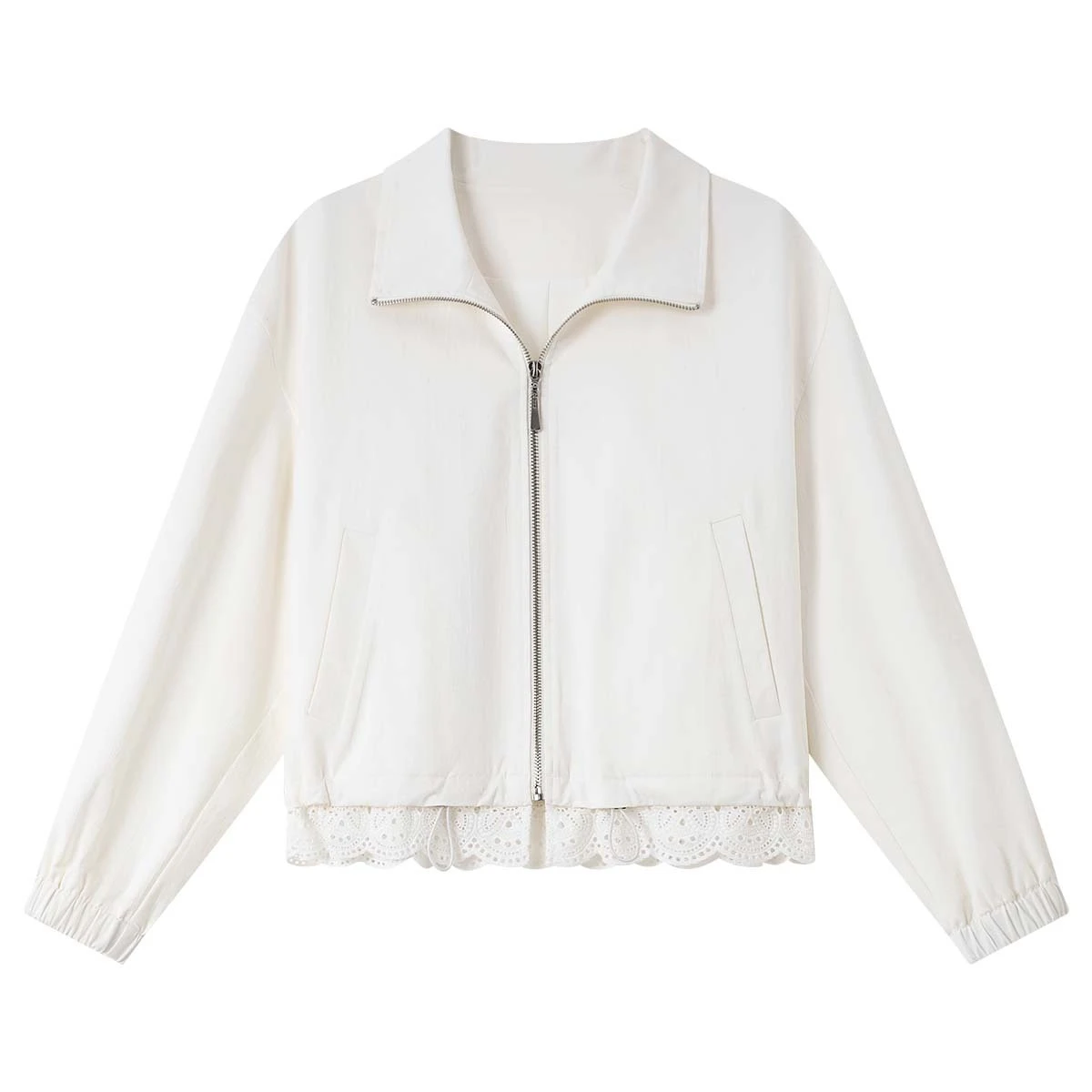 VIMLY White Woman Long Sleeve Autumn Polo Neck Female Jackets 2025 Elegant Loose Splicing Lace Hem Zippers Ladies Coats A2079