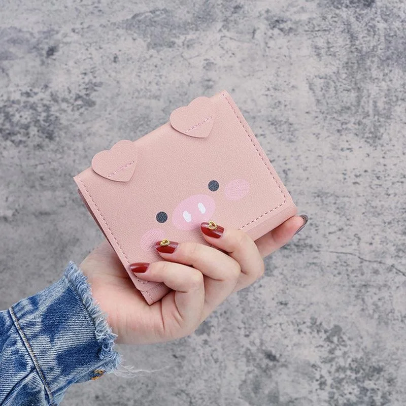 2023 New Short Wallet Female Cartoon Piggy Cute Student Three Fold Wallet Fashion Leather Passport Card Holder for Women