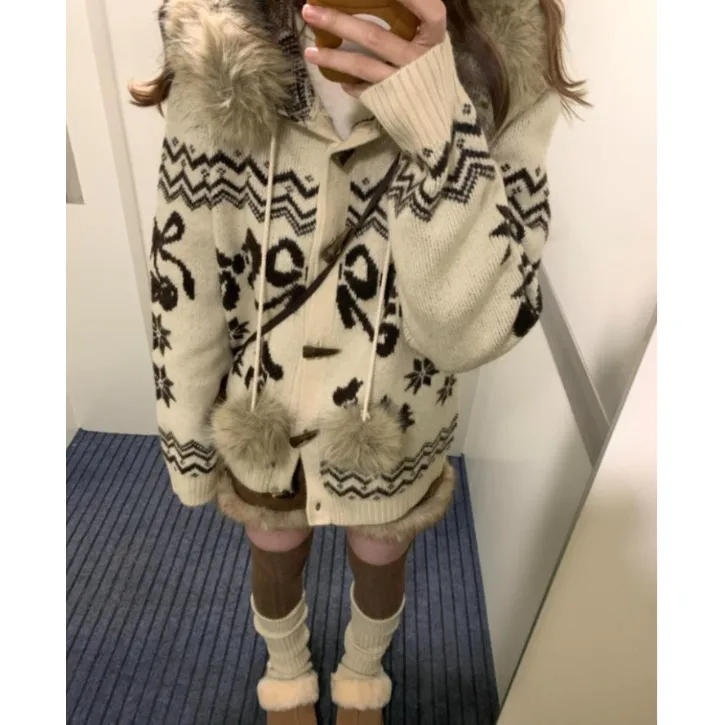 

Korean Sle Women's Knitted Sweater Coat Heavy Work Fair Isle Collar Hooded Button up Thiened Knitting Top for Autumn Winter