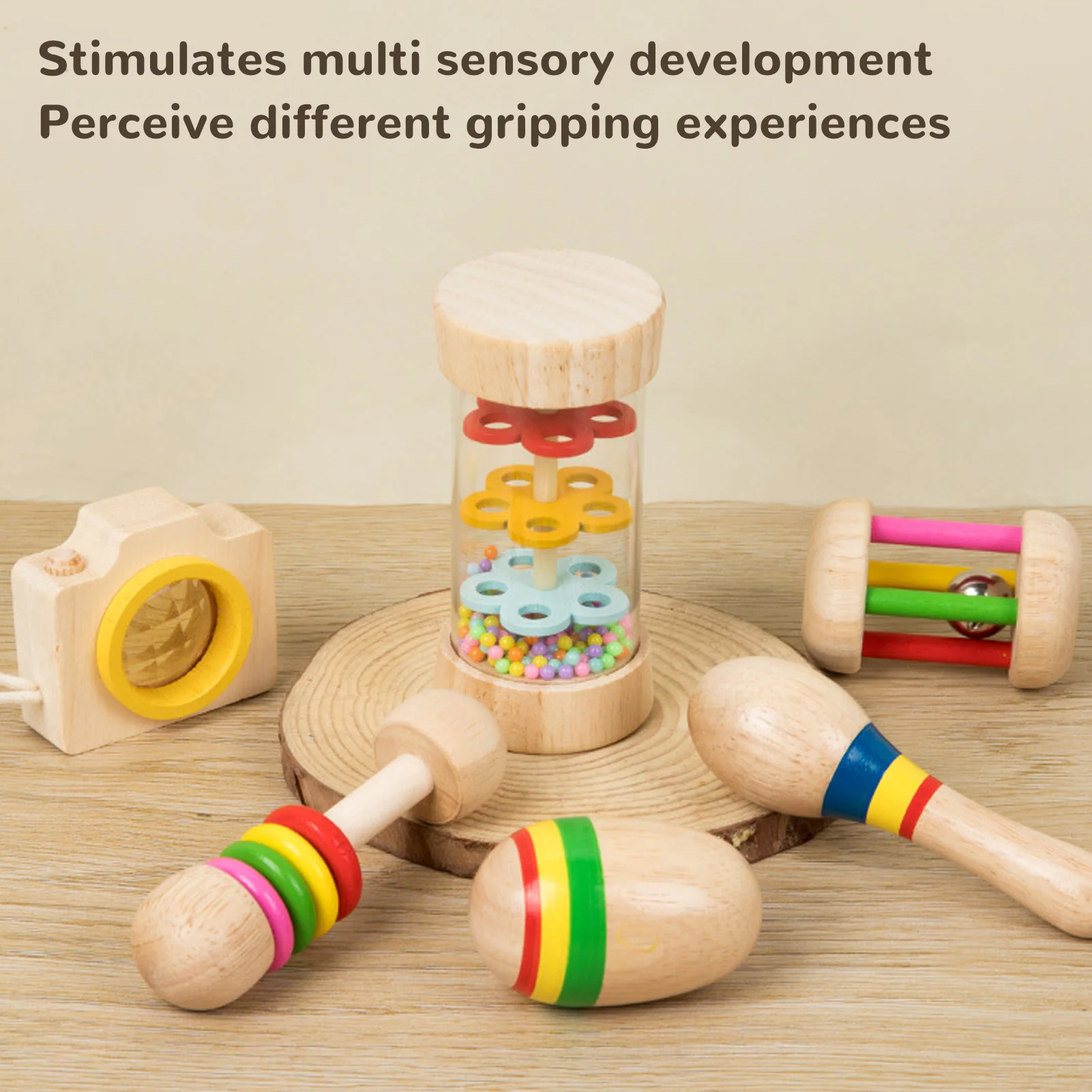 ZK30 6 Pieces Wooden Baby Rattle Set with Handbell Shaker Rattles Sensory Training Easy Grasping Colorful Wood Toy Set