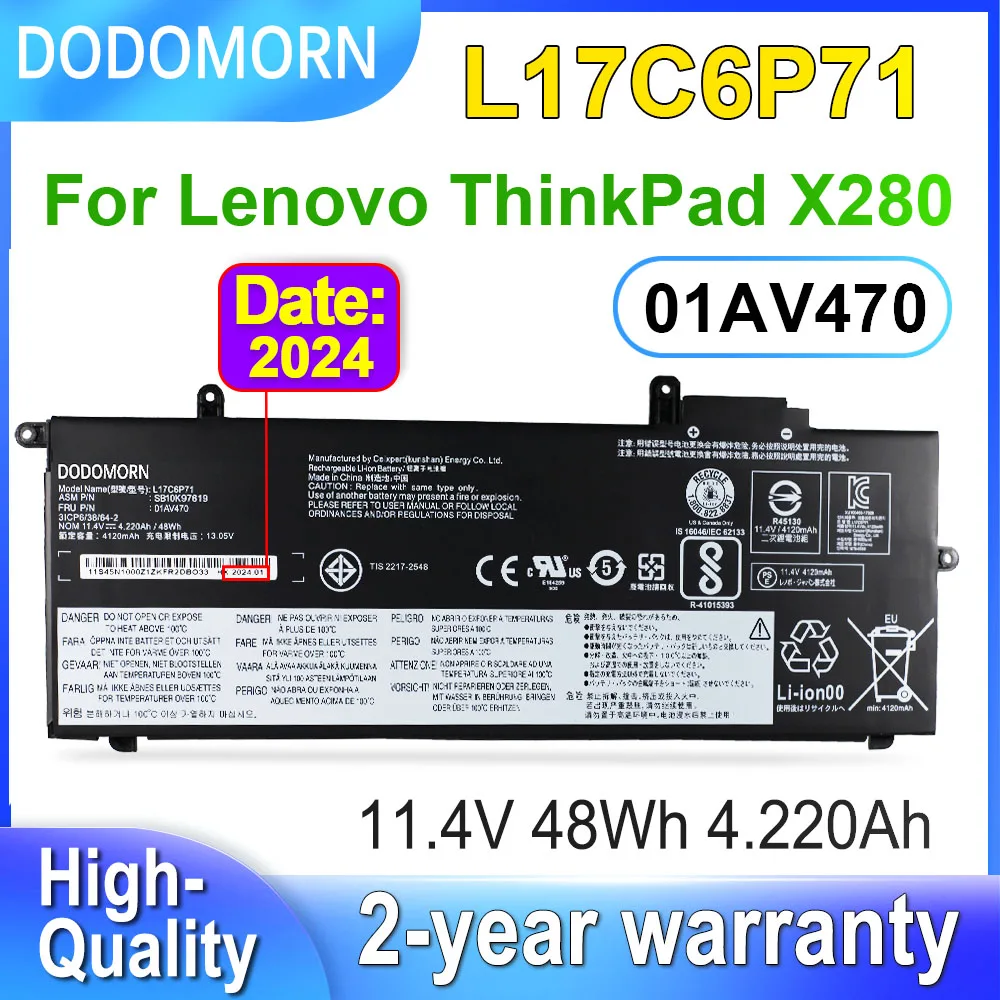 

DODOMORN L17C6P71 Laptop Battery For Lenovo ThinkPad X280 L17M6P71 L17L6P71 01AV470 01AV471 01AV472 SB10K97619 11.4V 48Wh