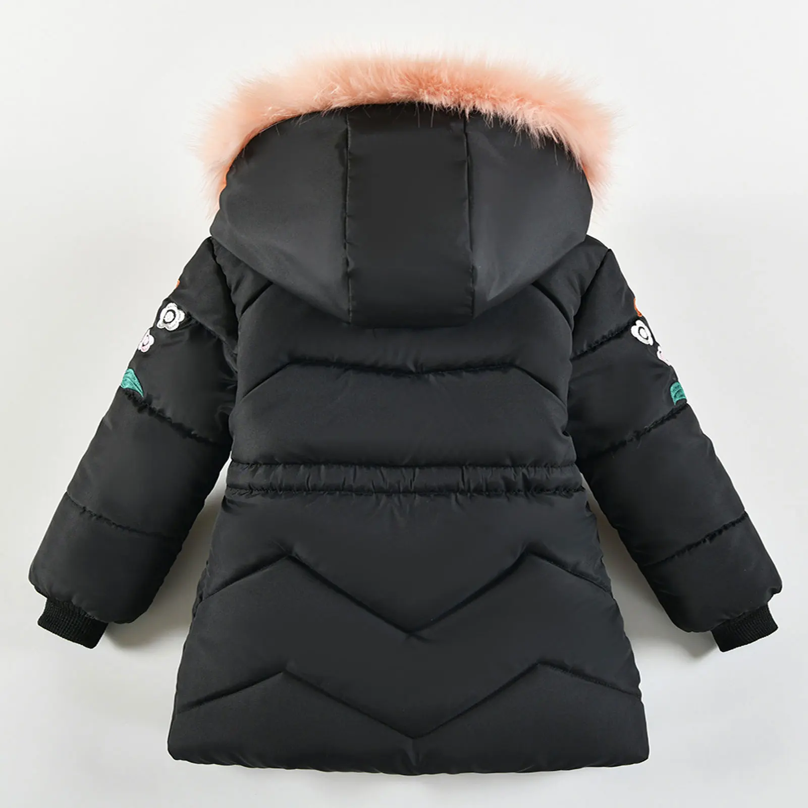 Girls Quilted Cotton-Padded Coat,Winter Embroideried Children's Puffer Coat,Warm Fur Hood Toddler Kids Windproof Down Jacket
