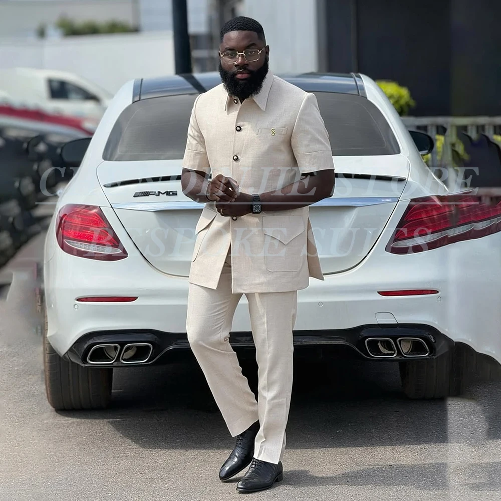 بلون الرجال الدعاوى قصيرة الأكمام عودة تنفيس السترة اليومية 2 قطعة سترة السراويل مجموعات كاملة Custozmied الذكور الملابس Terno #2