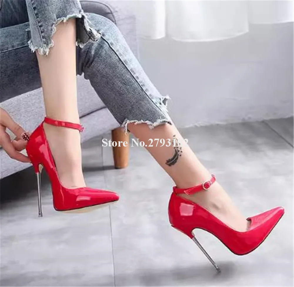 Sexy Super High 13cm Metal Stiletto Heel Pumps Pointed Toe Pink Red White Patent Leather Thin Heel Party Heels