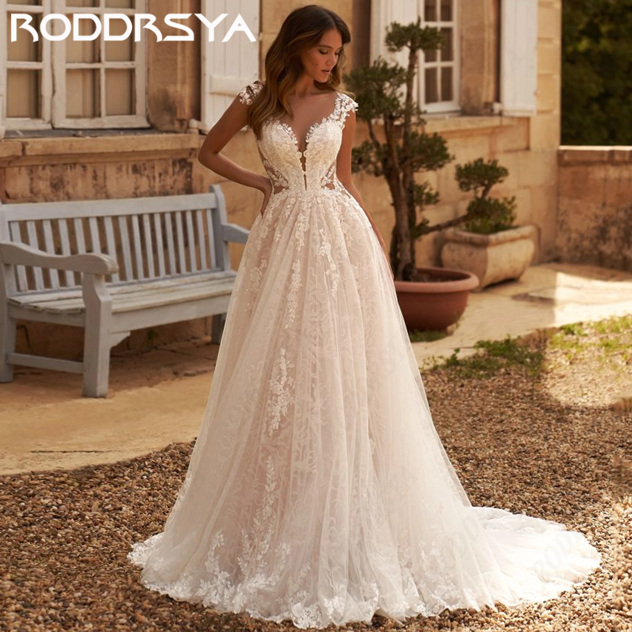 

RODDRSYA Illusion Lace Applique Bridal Dress Tulle Cap Sleeve Wedding Dresses For Women Custom Made A Line vestidos de luxo