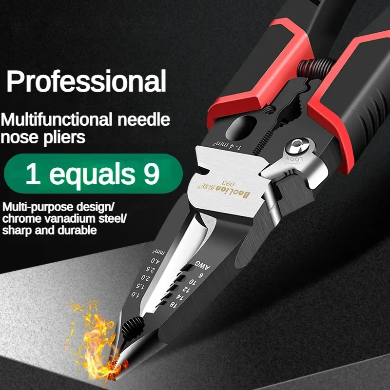 

9 in 1 Electrician Pliers Multifunctional Needle Nose Pliers for Wire Stripping Cable Cutters Terminal Crimping Hand Tools