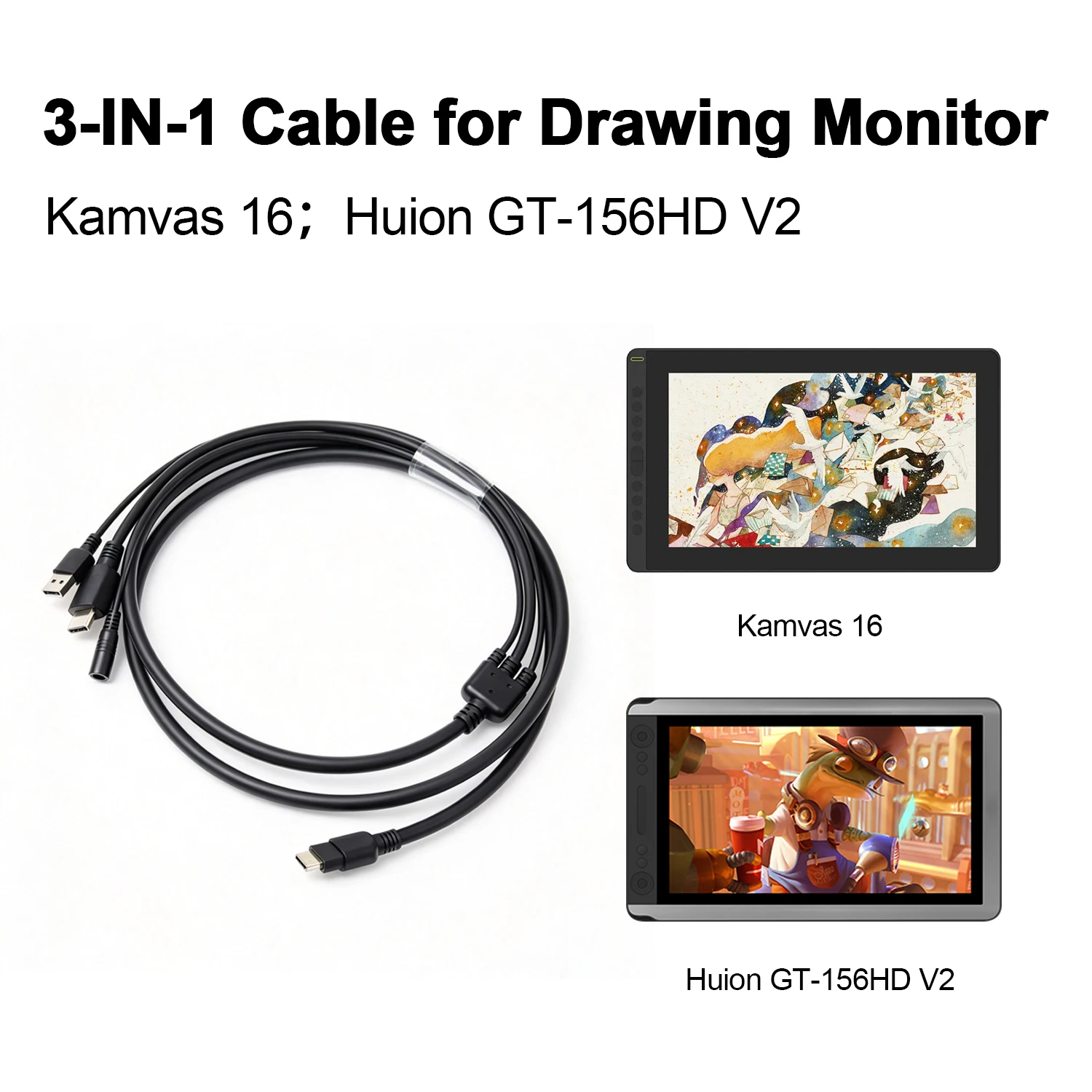 3-in-1 Cable for Hu-ion Pen Display GT-156HD V2/Kamvas 16