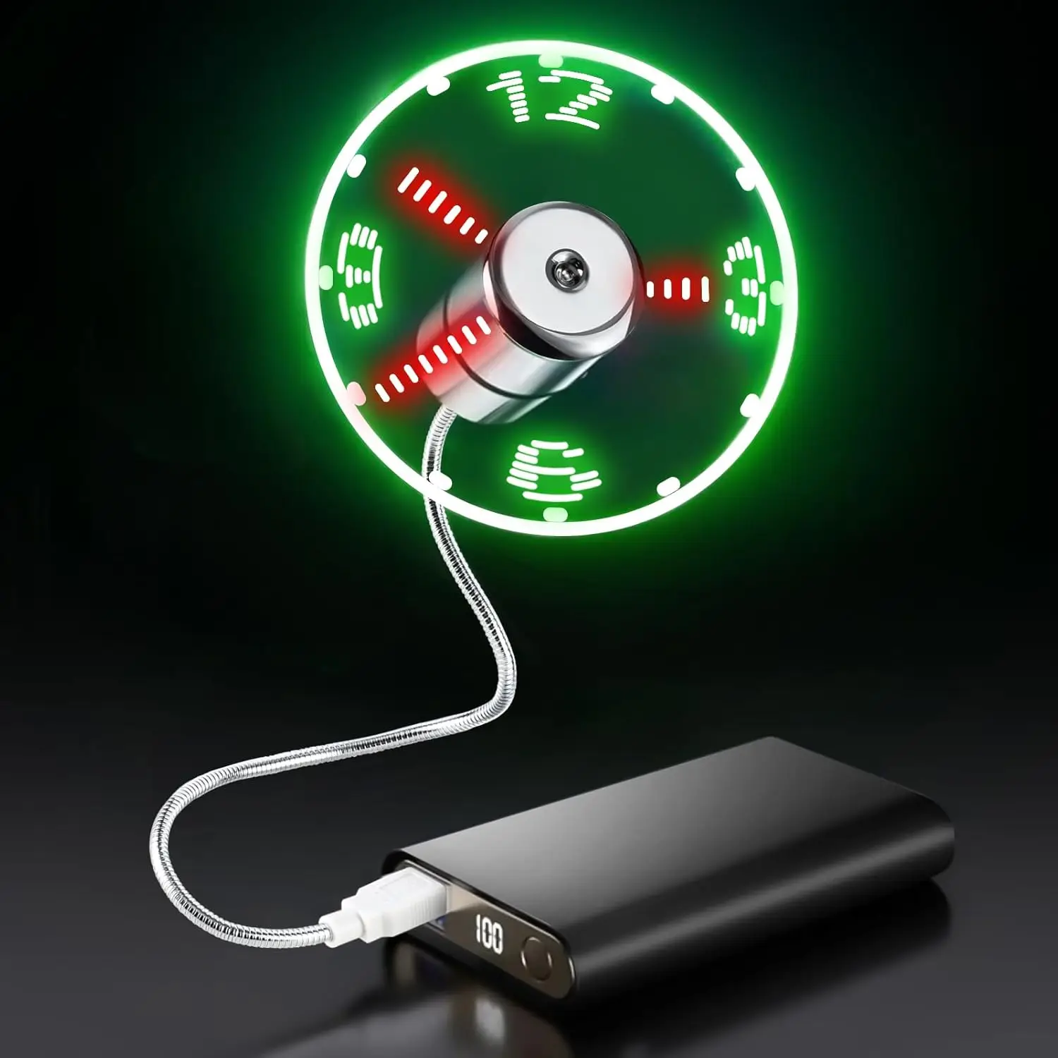 Flexible USB LED clock fan with real-time display, time can be set and automatically saved, DC5V USB-powered portable mini light-up fan with LED lights, suitable for computers, laptops, and USB adapters with USB interfaces, ideal for men/women/boys, a novel and cool gadget, perfect as a holiday gift