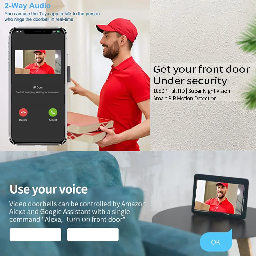 Wireless Wilfi Video Doorbell System, Touch Screen 1080p Doorphone Door Camera, 7 Lnch Touch Screen, Video Lntercom for Home