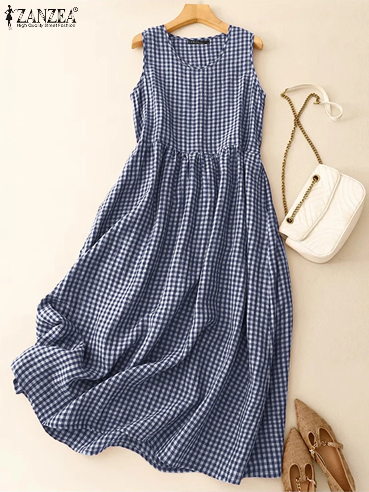 ZANZEA Summer Fashion O Neck Sleeveless Midi Sundress Vintage Checked Dresses Women Vintage Holiday Beach Vestidos Baggy Dresses