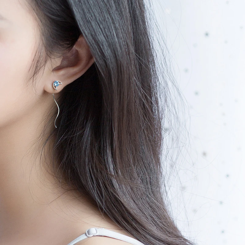 Modian Classic Long Chain Tassel Drop Earrings For Women Genuine 925 Sterling Silver Clear Blue Crystal Stars Moon Jewelry Gift