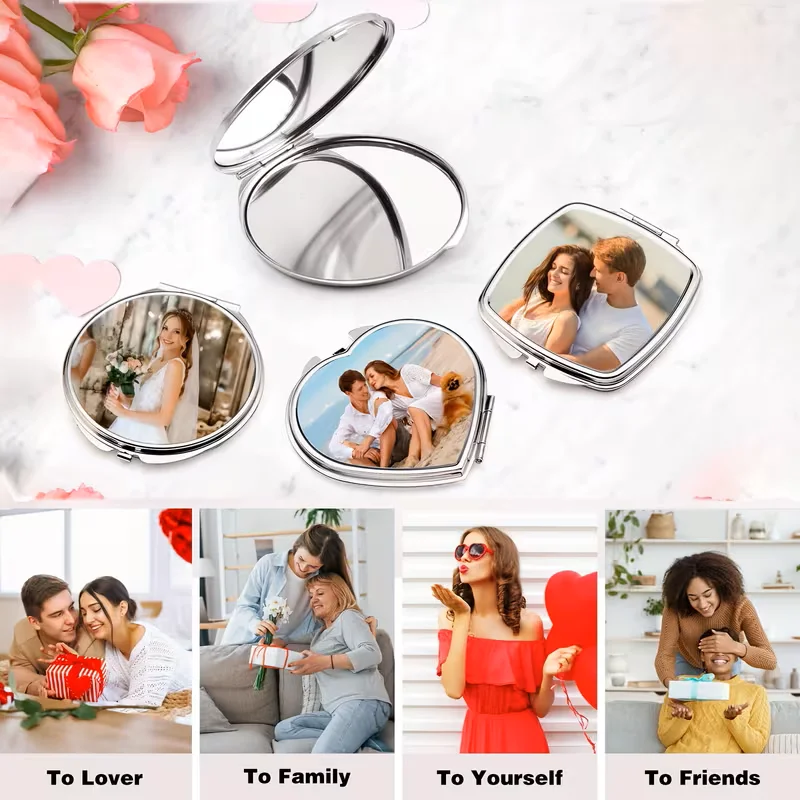 Custom Heart-Shaped Photo Makeup Mirror - Double-Sided Portable Folding Magnifier, Personalized Gift for Wife/Mom/Girlfriend