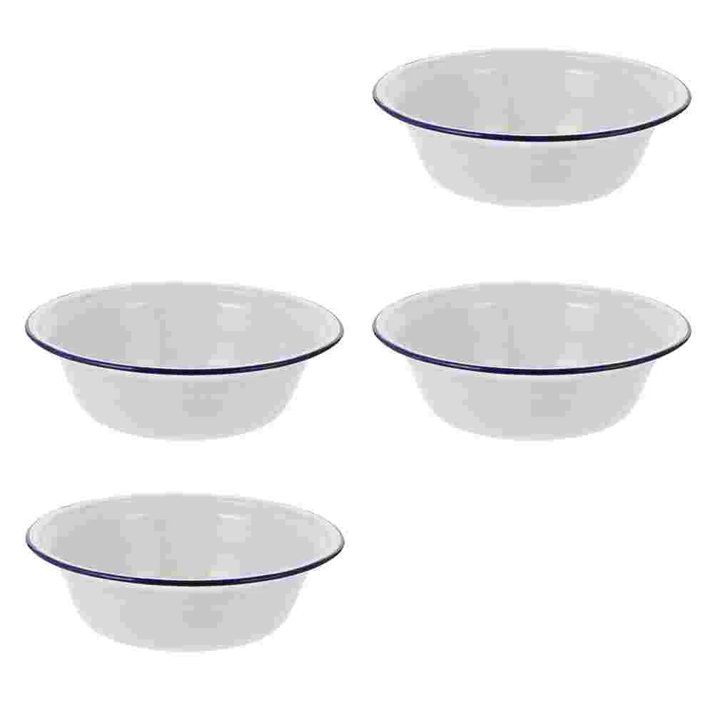 4 Pcs 20cm White Deep Enamel Bowl Vintage Soup Food Container Easy Clean Retro Design Family Restaurant Kitchen Tableware Set