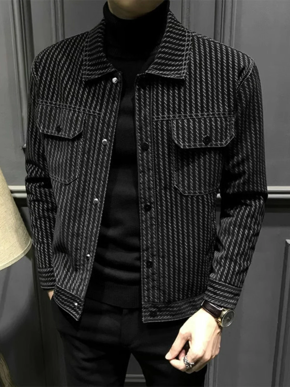 

Мужская универсальная приталенная куртка в клетку с полосками, модный повседневный верх для осени и зимы
