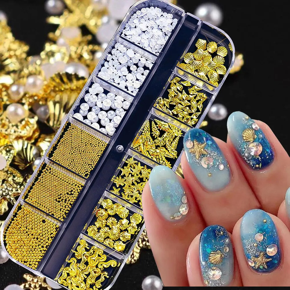 12Grid 3D Gold Seashell Starfish Nail Studs Charms White Round Pearls & Caviar Beads Nail Rhinestones Summer Ocean Nail  Decor 8
