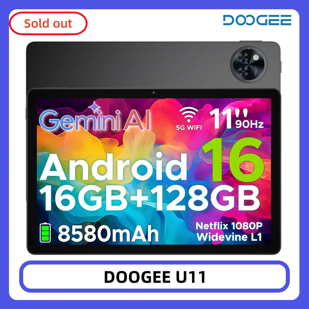 DOOGEE U11 tablette 11 "Ultra-clair 90Hz affichage 16GB 128GB 8580mAh batterie Unisoc T7200 double haut-parleur Widevine L1 Android 16