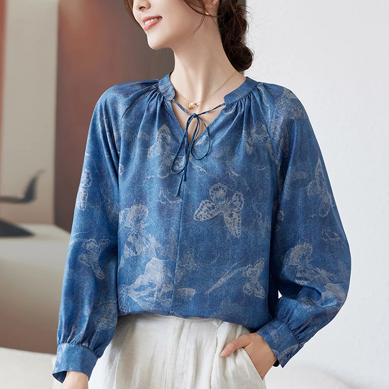

100% Real Silk Women's Denim Blue Shirt Bow V-neck Long Sleeve Elegant Shirts Blouses For Women Butterfly Print Blouse Tops
