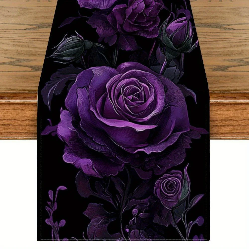 1 Piece of Dark Purple Rose Table Flag, with a Three-Dimensional Purple Rose Pattern Painted on a Black Background, Suitable for Gothic Parties, Art Studios, Retro Restaurants, Private Clubs, Creative Homes, Fashion Exhibitions, Mysterious Theme Tea Parties, and Personalized Cafes