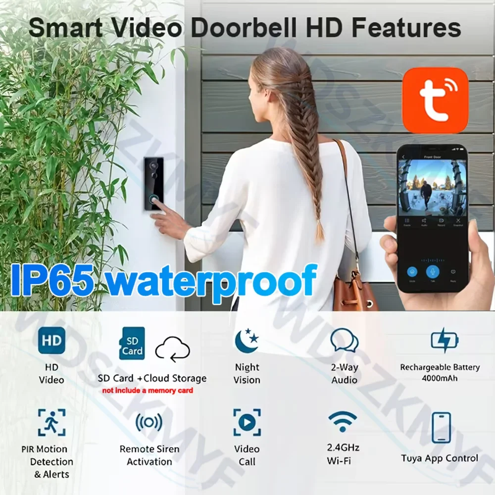 Wi-Fi Outdoor Wireless Doorbell Video Intercom 4000mAh Battery Waterproof Tuya App Access Control and Video Surveillance System
