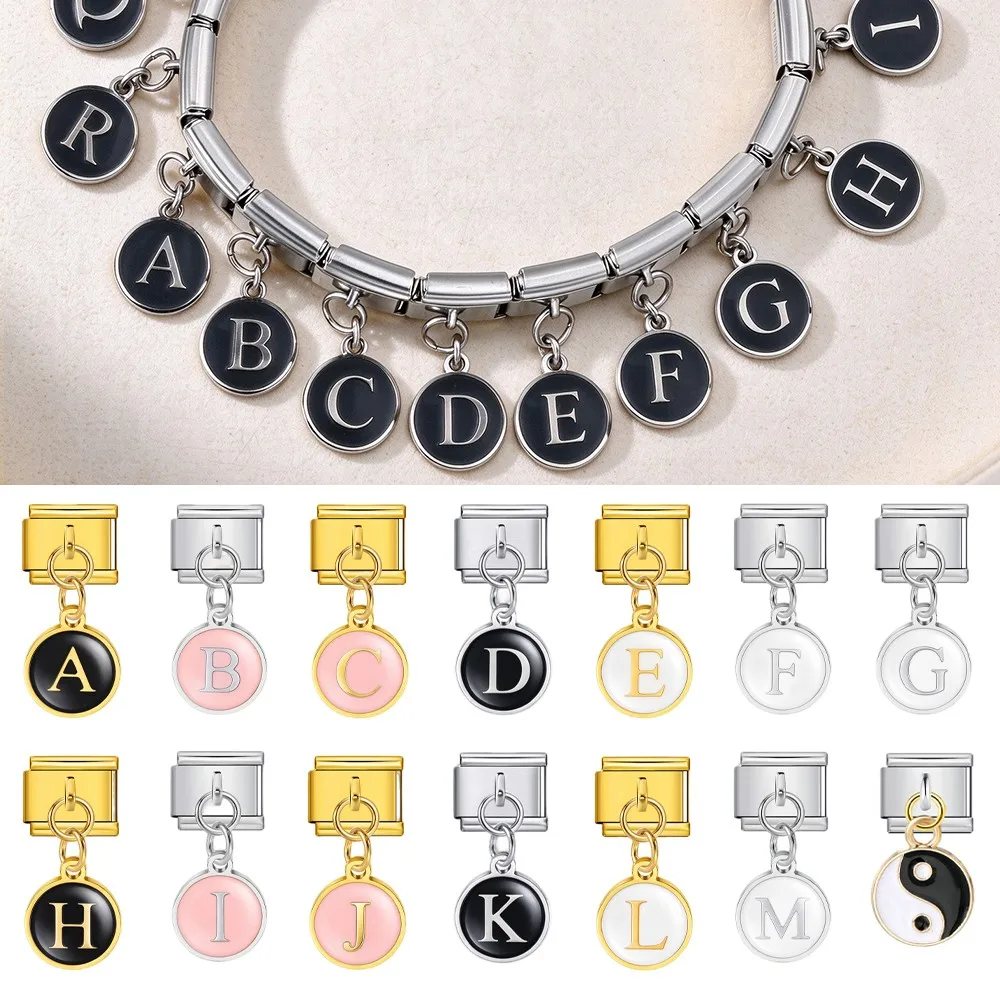 Stainless Steel 26 Letter A-Z Pendant Italian Charms 9mm Silver Color Beads Link Bracelets Jewelry Fashion DIY Gifts Women Men