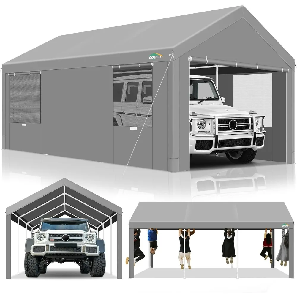 10x20ft Carport Heavy Duty, Portable Garage with Removable Sidewalls,Ventilated Windows&Built-in Sandbags, Waterproof Car Canopy