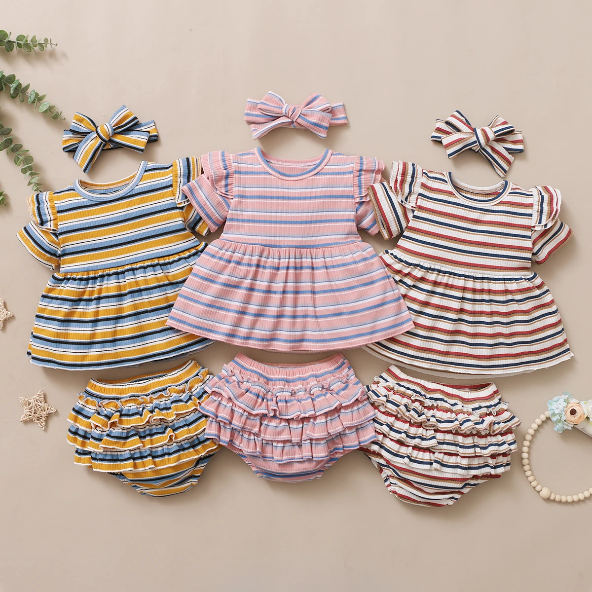 Baby girl three-color horizontal stripes short-sleeved frilly blouse multi-layer lace shorts suit