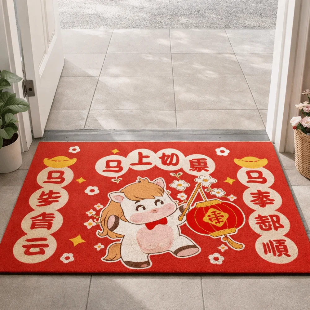 

Door Mat Anti-slip Chinese New Year Doormat Stain Proof Wear-Resistant Entrance Mat Red Cartoon Floor Mat Home Decor