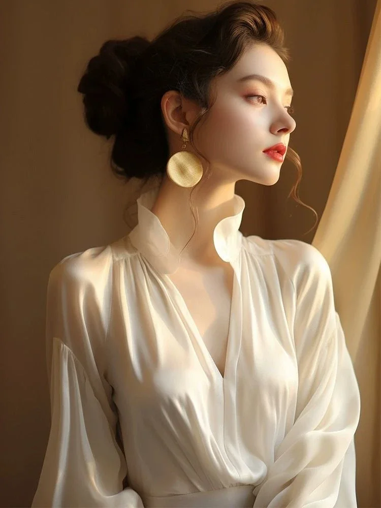 

2024 Korean Chic Shirt Women Clothing Stand Neck Lantern Sleeve Blouses Loose Elegant Blusas De Mujer Folds Vintage Blouse Tops